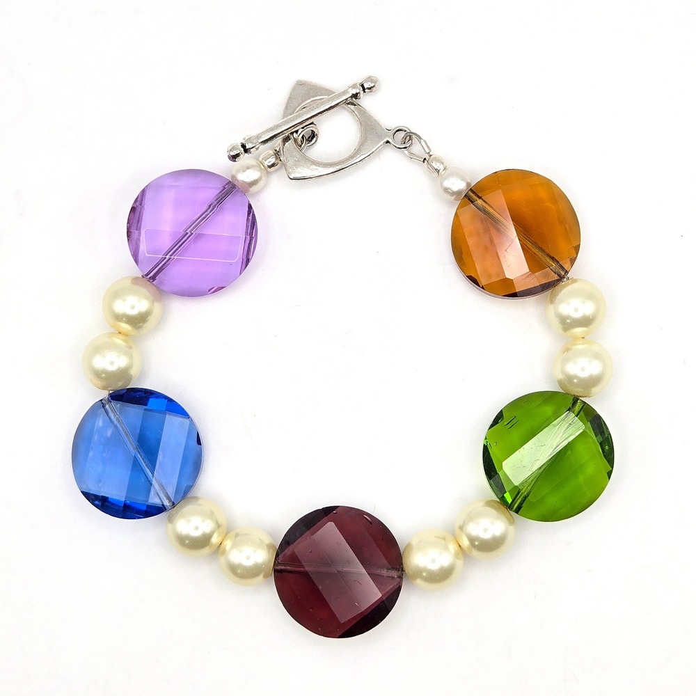Multicolor Faceted Glass Bead and Faux Pearl Toggle Bracelet Silver Tone 7 Inch‎